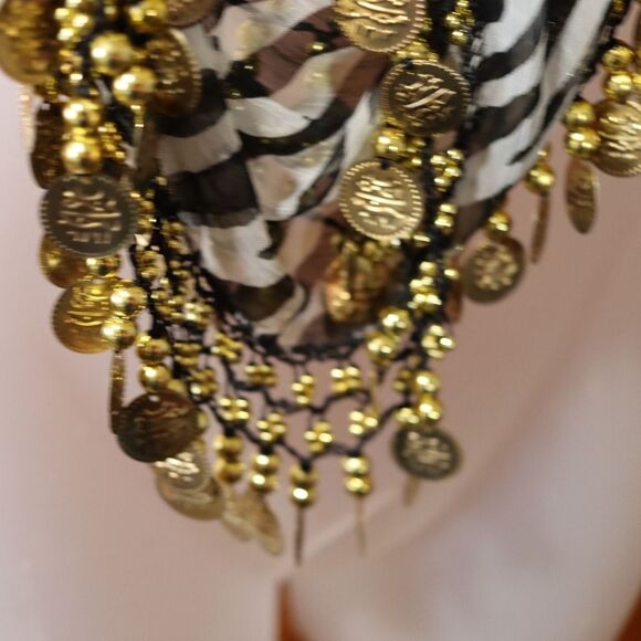 Zebra Print Sheer Belly Dancing Scarf Shimmy Coin Jingle Noise Making Hip Scarf - Picture 8 of 10